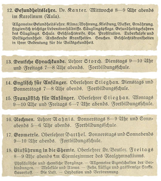 Ausschnitte aus dem ersten Lehrprogramm der Volkshochschule Altenburg 1919.