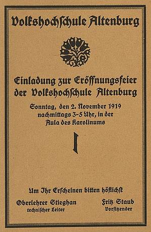 Einladung zur Eröffnungsfeier der Volkshochschule Altenburg im Jahr 1919.