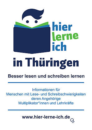 Logo "Hier lerne ich in Thüringen"; grafisch aufbereitete Stichworte zum Thema "Besser lesen und schreiben lernen"; Angabe der Website www.hier-lerne-ich.de.