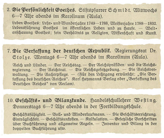 Ausschnitte aus dem ersten Lehrprogramm der Volkshochschule Altenburg 1919.