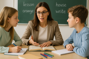 Eine Lehrerin sitzt mit einer Schülerin und einem Schüler in einem Klassenzimmer am Tisch.
