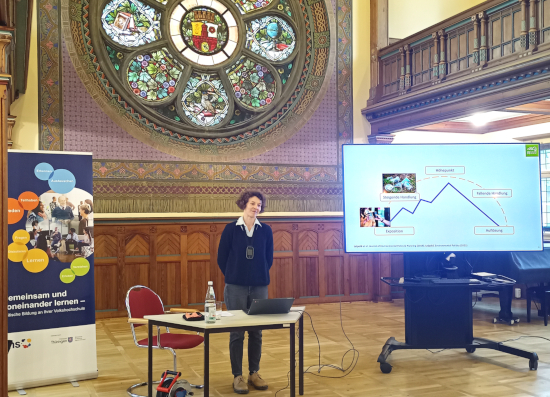 Prof. Dr. Sina Leipold in der Aula der Volkshochschule Altenburg.